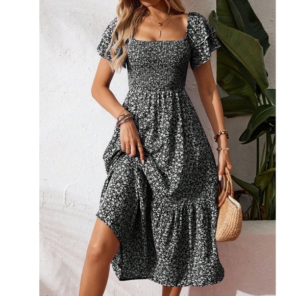 Boho Floral Print Double Ruffle Short Sleeve Smocked Dress - Picture 6 of 8